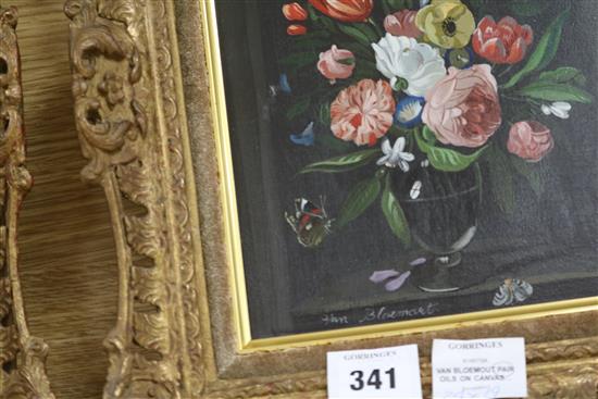Van Bloemout, pair oils on canvas, floral studies after 17th century Dutch originals, signed